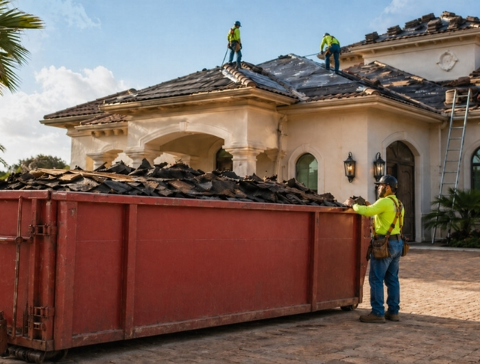 roll off container filled with roof shingles
