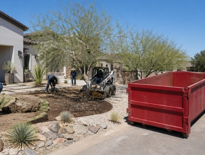 workers landscaping with roll off container near them
