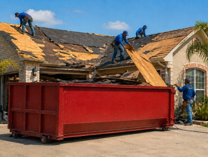 workers tearing down old roof