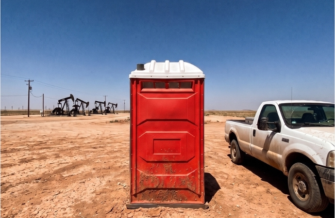red portable toilet in an oilfield